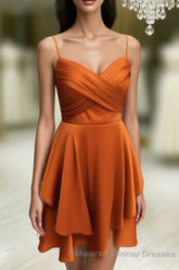 Short Burnt Orange Satin Cocktail Dresses V-neck Semi Semi Formal Prom Dress
